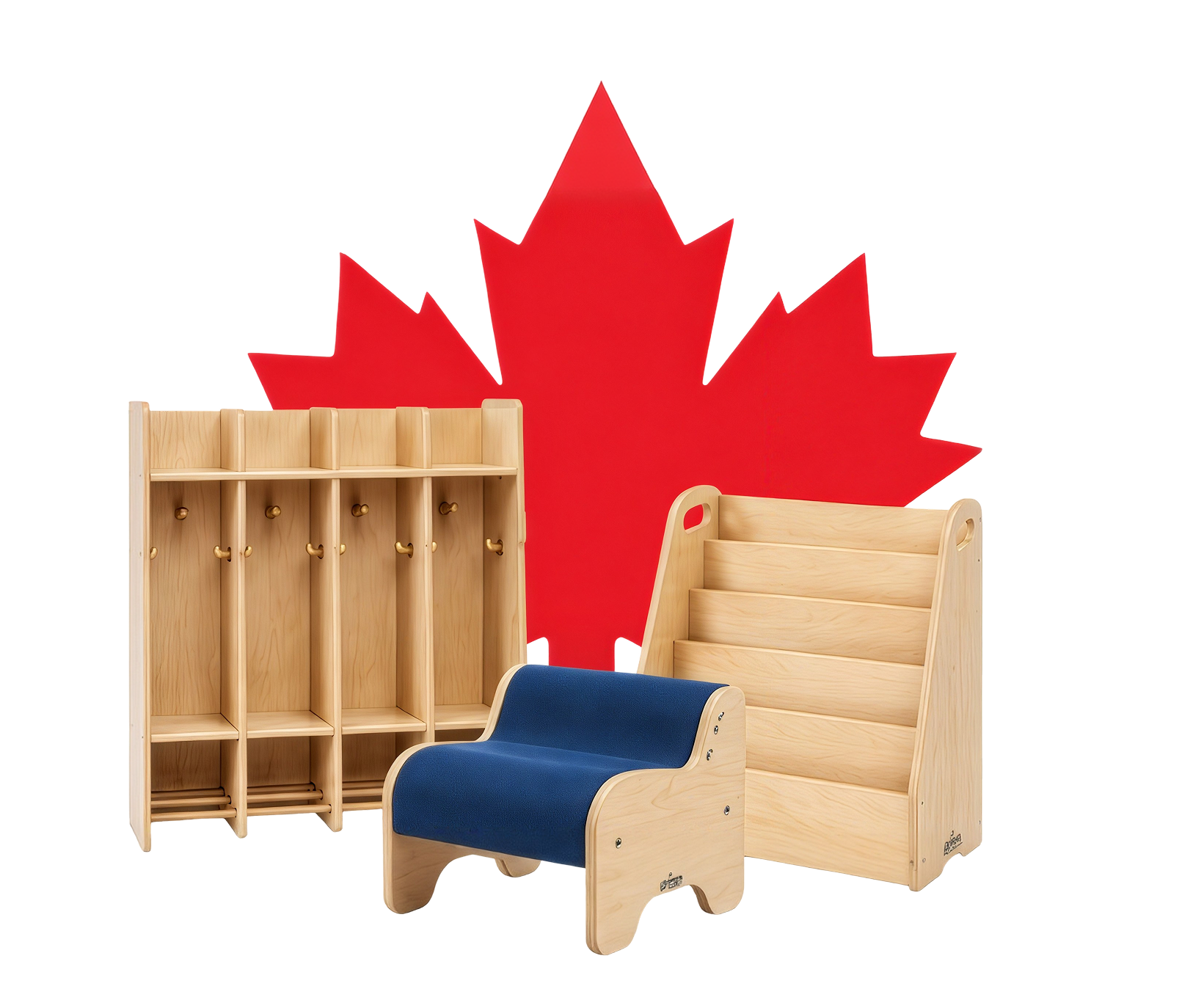 Canadian-made birch cubbies, book display and soft seating in front of a maple leaf