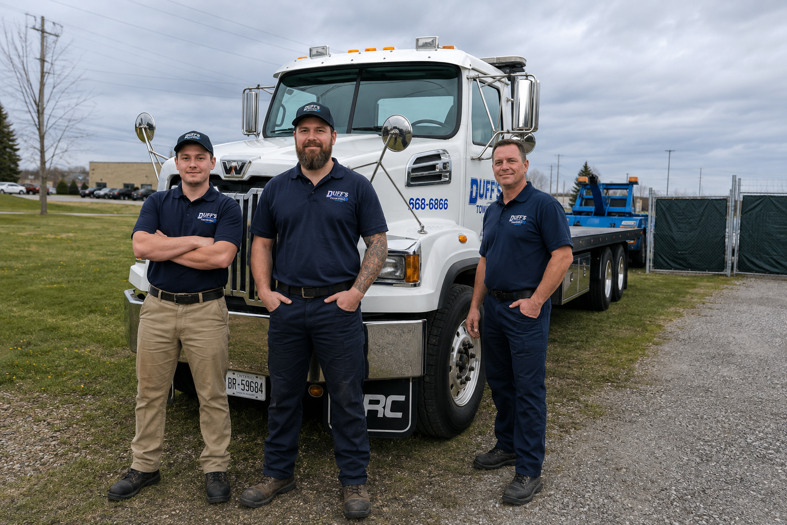 The Duff's Towing crew with a flatbed tow truck in Whitby, Ontario