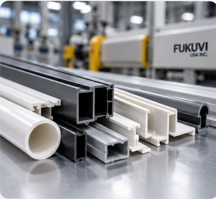 Extruded plastic profiles in PVC, ABS and polycarbonate on the Fukuvi USA production floor