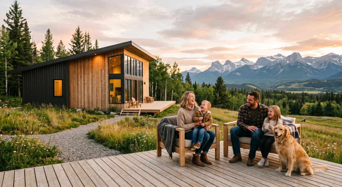 Alberta family relaxing outside their mountain home