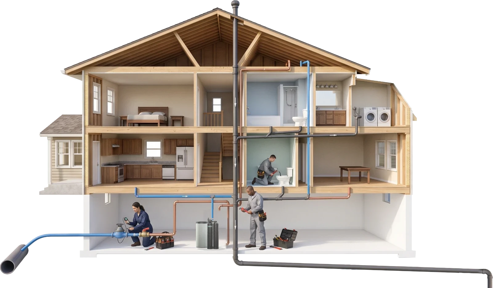 Cutaway of a home showing its plumbing systems